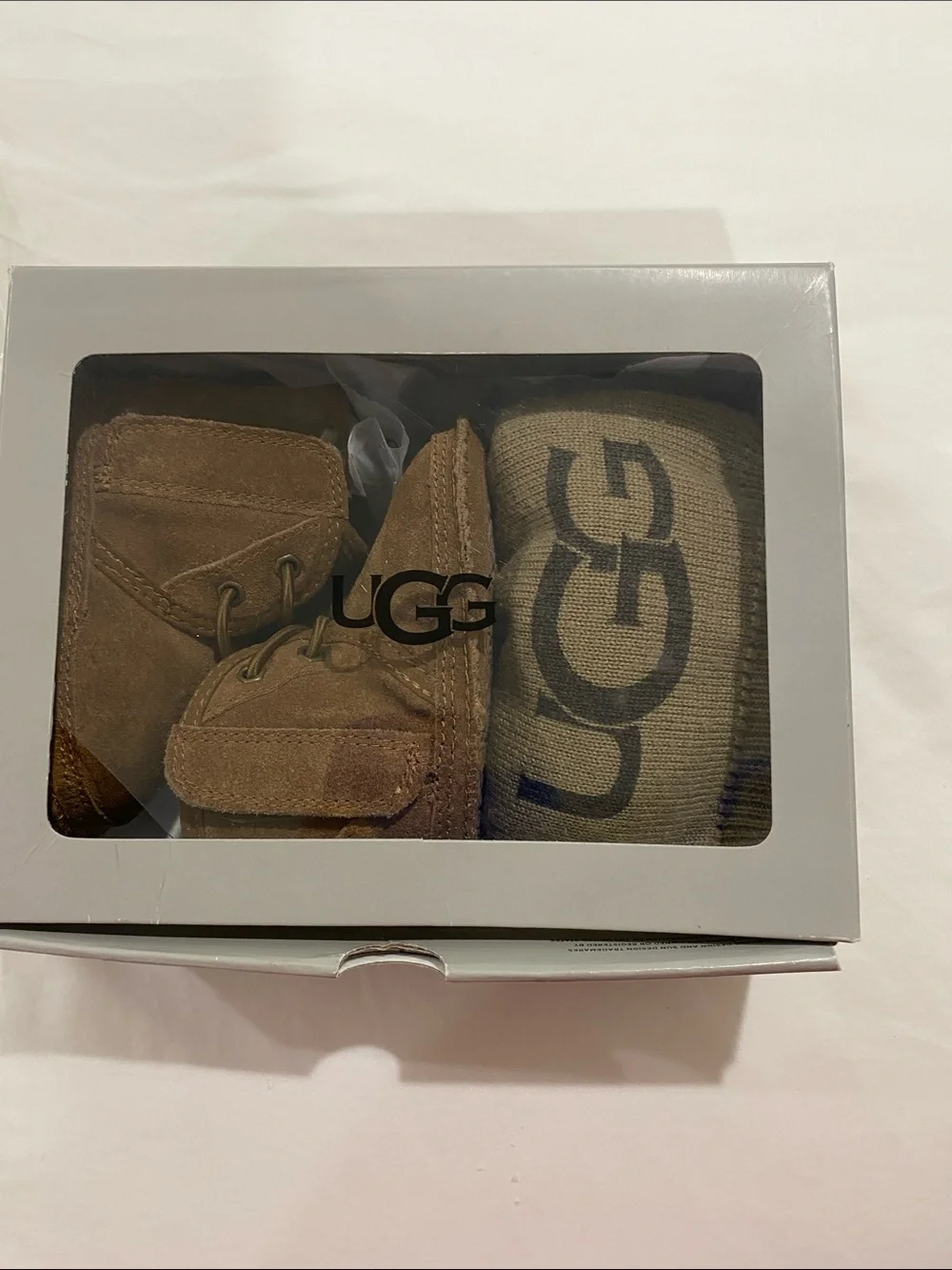 UGG Kids Brown Suede Baby Neumel Boots with Tan UGG Logo Beanie